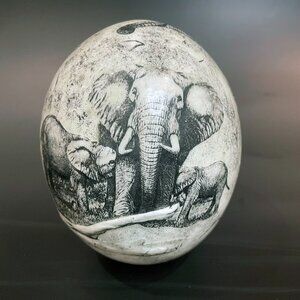 Ostrich Egg with Hand Drawn African Elephants. 5.5" x 5.5" x 7.5"